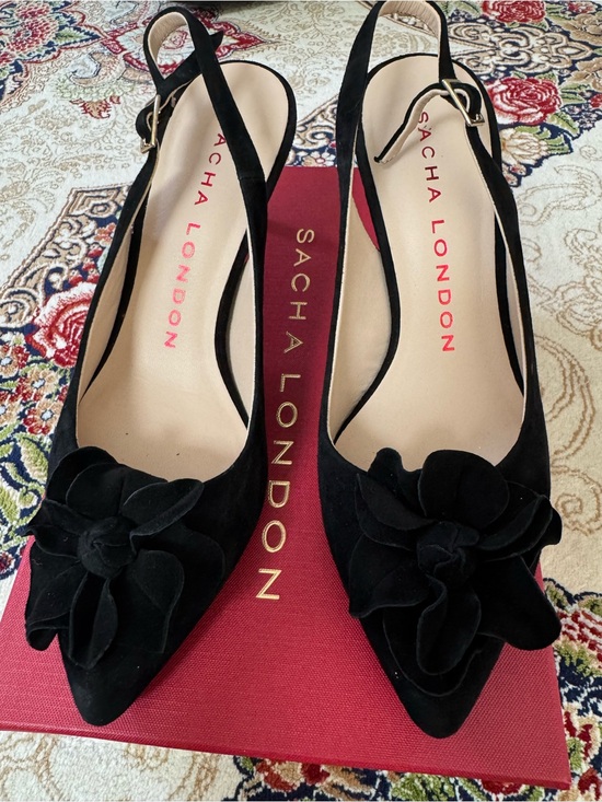 Sacha London Shoes - Sacha London Black Suede Slingback Mules with Flower Accent